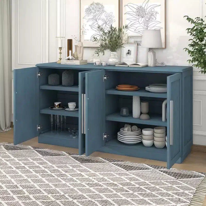 Okak Credenza Elegante a 4 Ante con Maniglie Argentate e Ripiani Regolabili, Mobile Buffet in Legno per Cucina/Sala da Pranzo/Corridoio