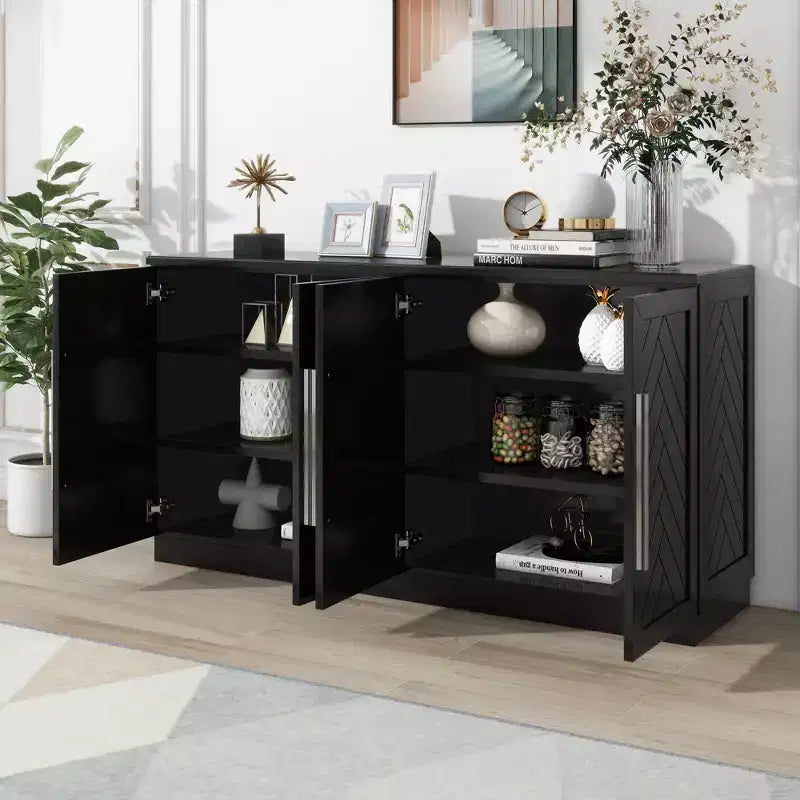 Okak Credenza Elegante a 4 Ante con Maniglie Argentate e Ripiani Regolabili, Mobile Buffet in Legno per Cucina/Sala da Pranzo/Corridoio