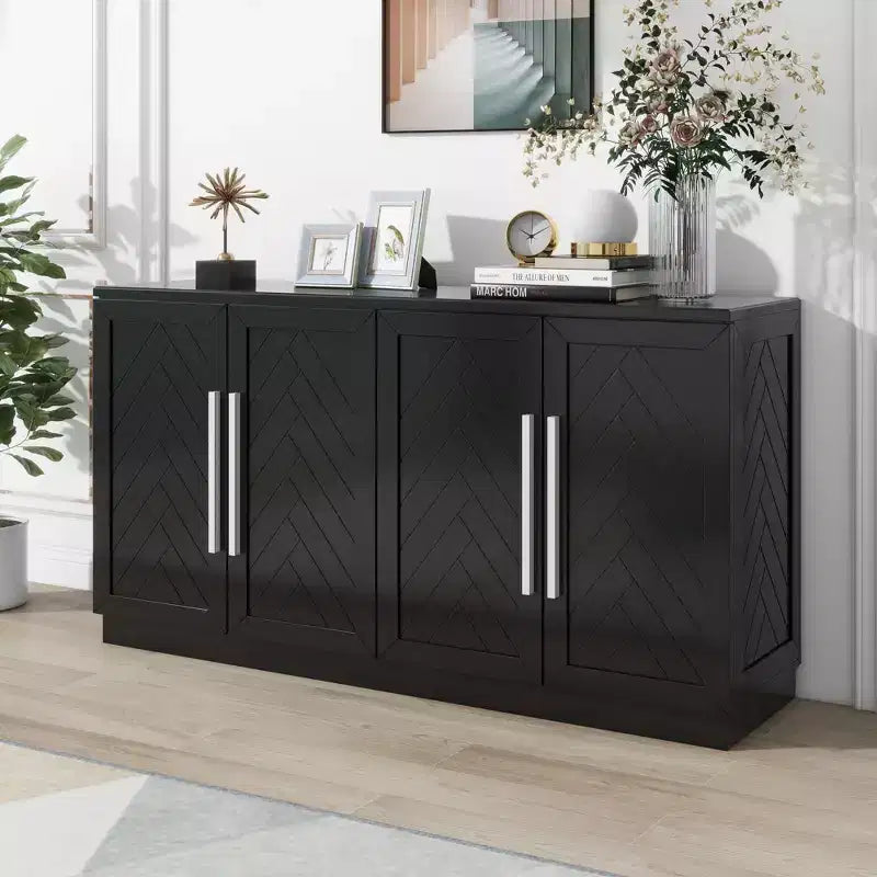 Okak Credenza Elegante a 4 Ante con Maniglie Argentate e Ripiani Regolabili, Mobile Buffet in Legno per Cucina/Sala da Pranzo/Corridoio