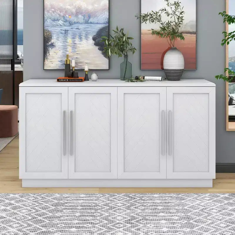Okak Credenza Elegante a 4 Ante con Maniglie Argentate e Ripiani Regolabili, Mobile Buffet in Legno per Cucina/Sala da Pranzo/Corridoio