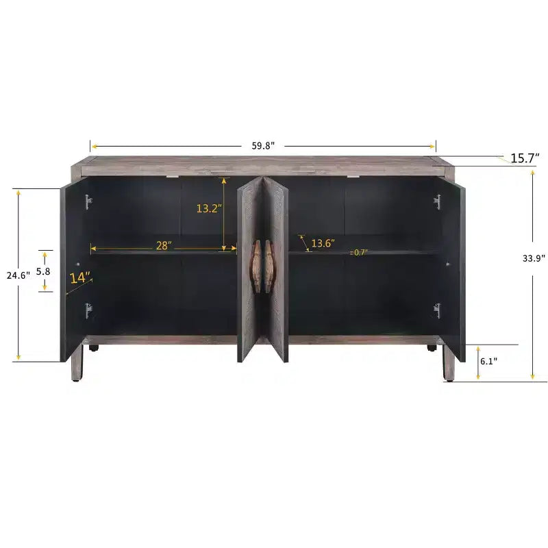 Madia a 4 ante Okak in stile antico, mobile contenitore in legno con anta in vetro temperato per sala da pranzo/soggiorno/ingresso