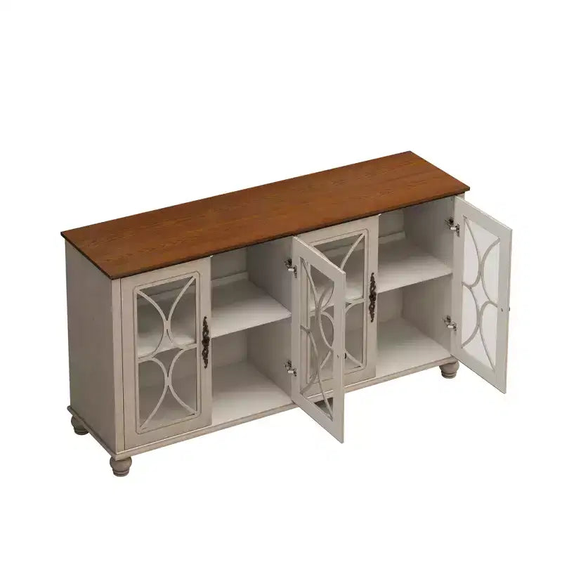 Madia a 4 ante Okak in stile antico, mobile contenitore in legno con anta in vetro temperato per sala da pranzo/soggiorno/ingresso