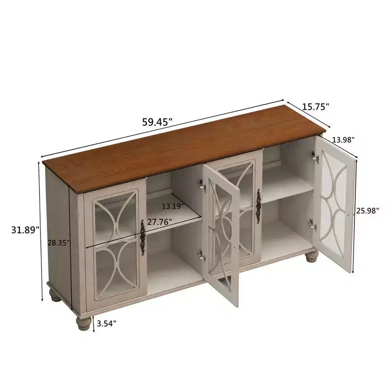 Madia a 4 ante Okak in stile antico, mobile contenitore in legno con anta in vetro temperato per sala da pranzo/soggiorno/ingresso