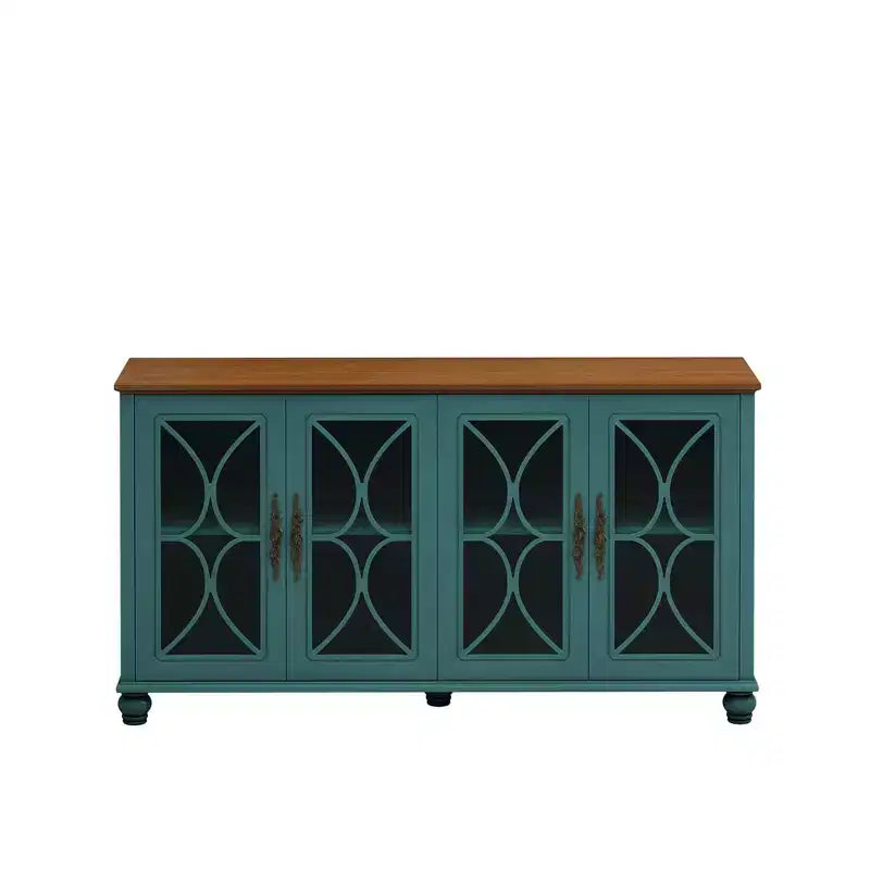 Madia a 4 ante Okak in stile antico, mobile contenitore in legno con anta in vetro temperato per sala da pranzo/soggiorno/ingresso