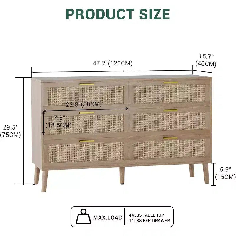 Cassettiera a 6 cassetti 47 Rattan - Comò moderno di metà secolo per camera da letto e soggiorno