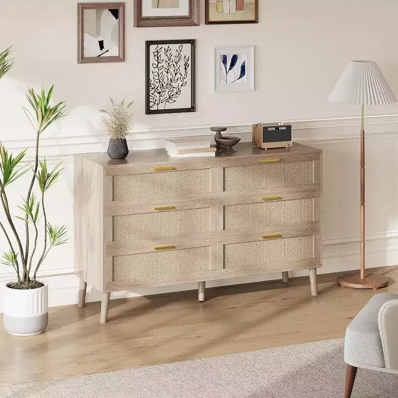 Cassettiera a 6 cassetti 47 Rattan - Comò moderno di metà secolo per camera da letto e soggiorno