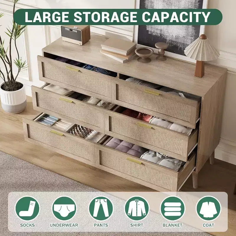 Cassettiera a 6 cassetti 47 Rattan - Comò moderno di metà secolo per camera da letto e soggiorno