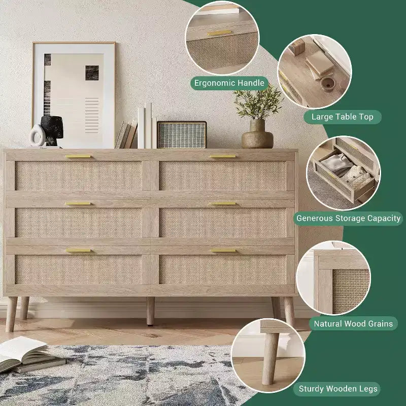 Cassettiera a 6 cassetti 47 Rattan - Comò moderno di metà secolo per camera da letto e soggiorno