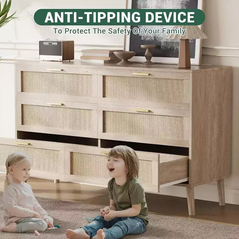 Cassettiera a 6 cassetti 47 Rattan - Comò moderno di metà secolo per camera da letto e soggiorno