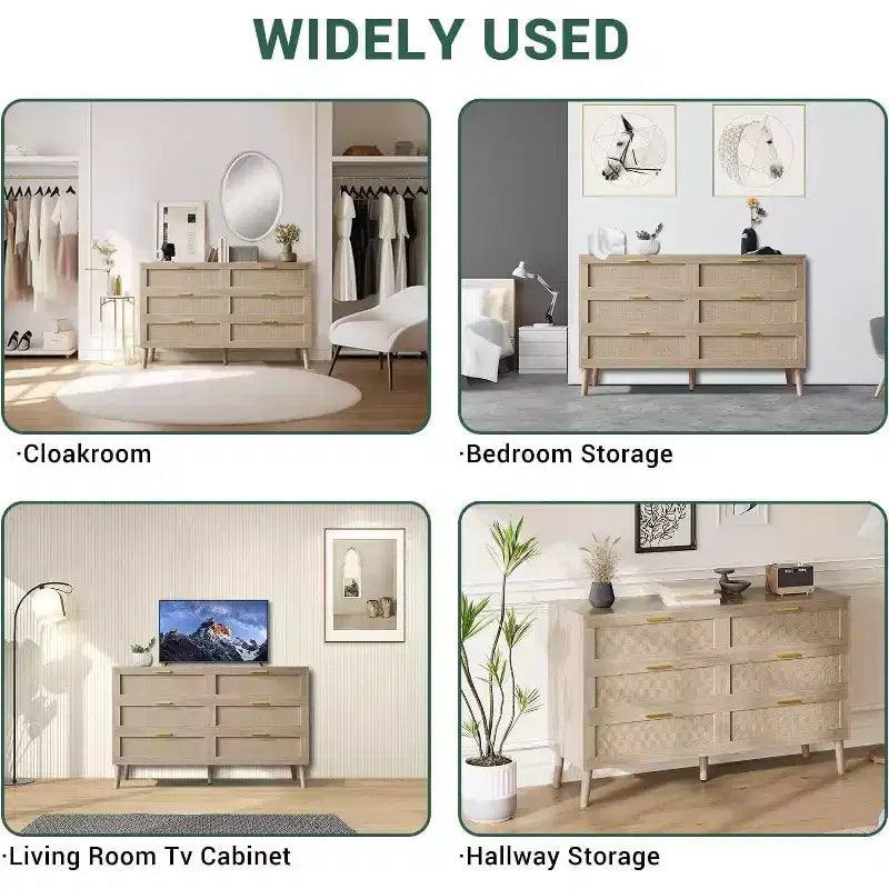 Cassettiera a 6 cassetti 47 Rattan - Comò moderno di metà secolo per camera da letto e soggiorno