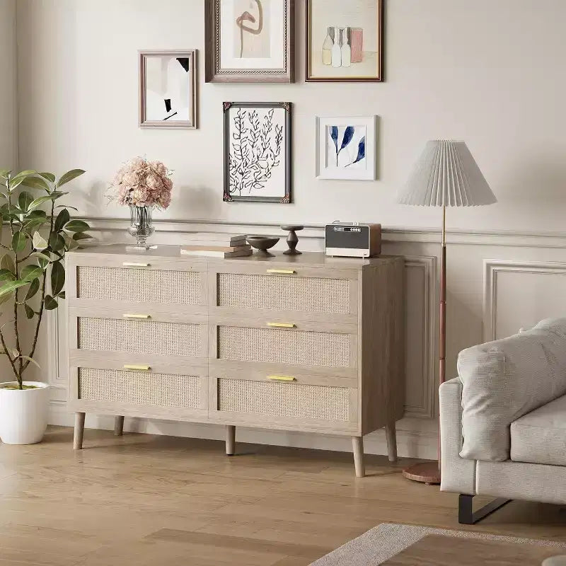 Cassettiera a 6 cassetti 47 Rattan - Comò moderno di metà secolo per camera da letto e soggiorno
