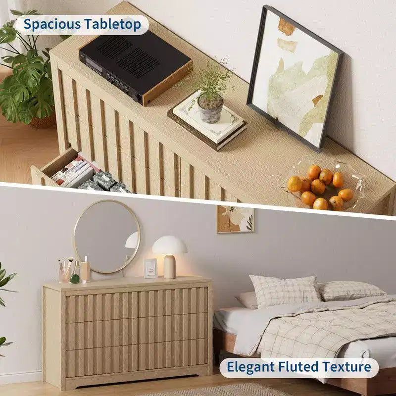 Cassettiera scanalata per camera da letto con 6 cassetti, comò moderno largo 137 cm con profilo curvo, organizer per cassetti in rovere naturale