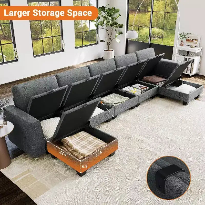 Divano componibile modulare 140 con pouf contenitore, divano letto convertibile a U, divano a L moderno in velluto a coste a 7 posti (grigio-lino)