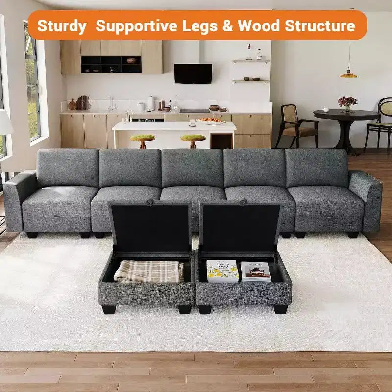 Divano componibile modulare 140 con pouf contenitore, divano letto convertibile a U, divano a L moderno in velluto a coste a 7 posti (grigio-lino)