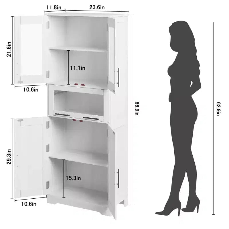 Armadietto da Bagno Alto 170 cm, Mobiletto a Colonna Autoportante con Ante in Vetro, Ripiani Regolabili e Cassetti,