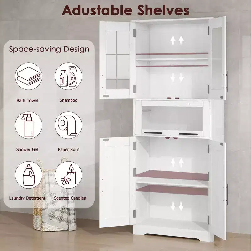 Armadietto da Bagno Alto 170 cm, Mobiletto a Colonna Autoportante con Ante in Vetro, Ripiani Regolabili e Cassetti,