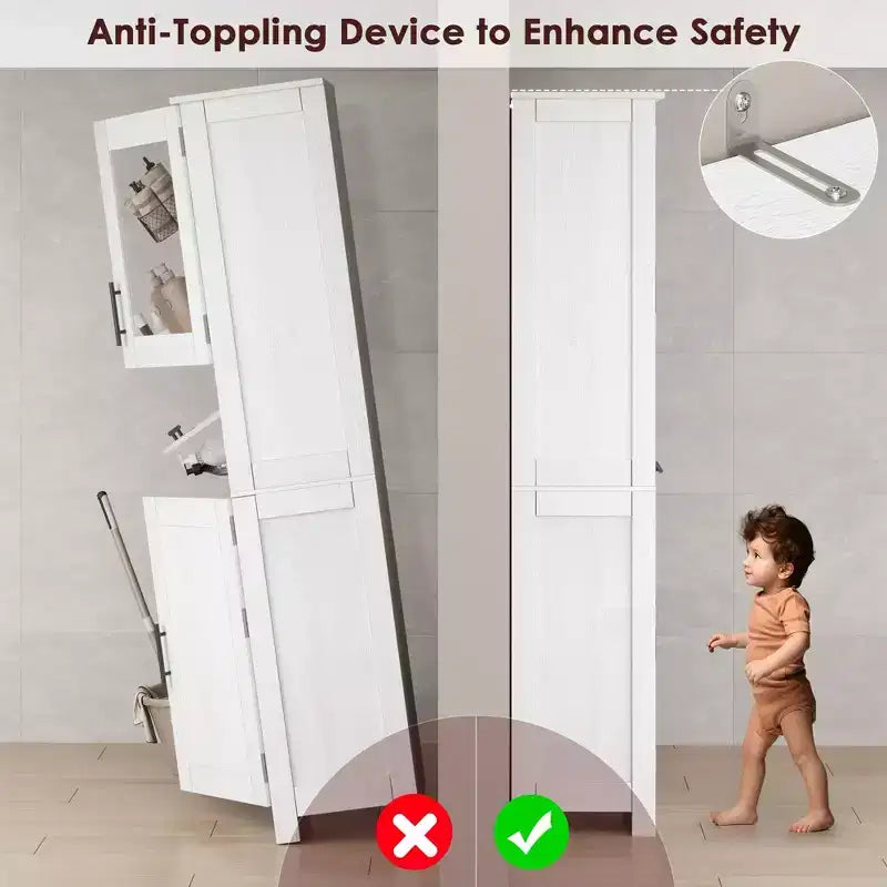 Armadietto da Bagno Alto 170 cm, Mobiletto a Colonna Autoportante con Ante in Vetro, Ripiani Regolabili e Cassetti,
