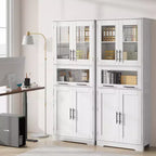 Armadietto da Bagno Alto 170 cm, Mobiletto a Colonna Autoportante con Ante in Vetro, Ripiani Regolabili e Cassetti,