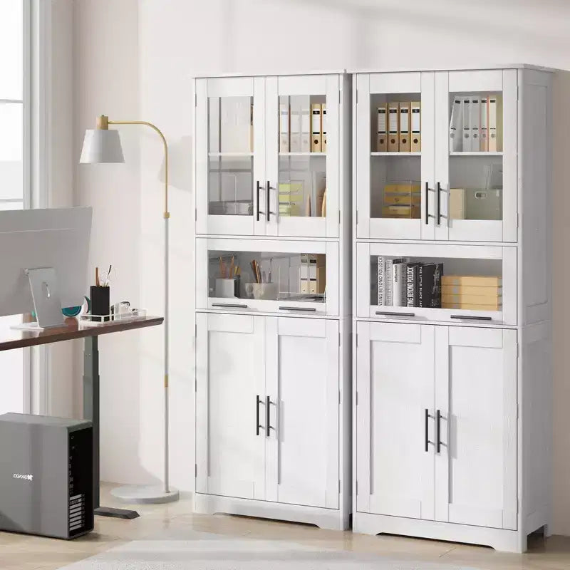 Armadietto da Bagno Alto 170 cm, Mobiletto a Colonna Autoportante con Ante in Vetro, Ripiani Regolabili e Cassetti,