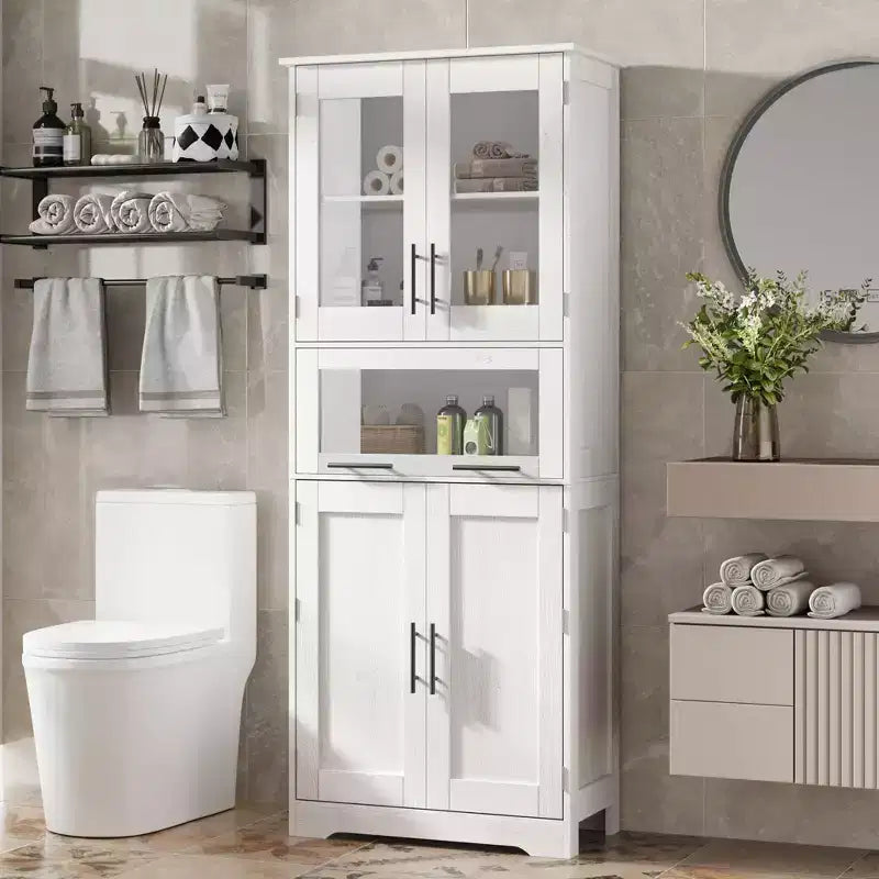 Armadietto da Bagno Alto 170 cm, Mobiletto a Colonna Autoportante con Ante in Vetro, Ripiani Regolabili e Cassetti,