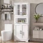 Armadietto da Bagno Alto 170 cm, Mobiletto a Colonna Autoportante con Ante in Vetro, Ripiani Regolabili e Cassetti,