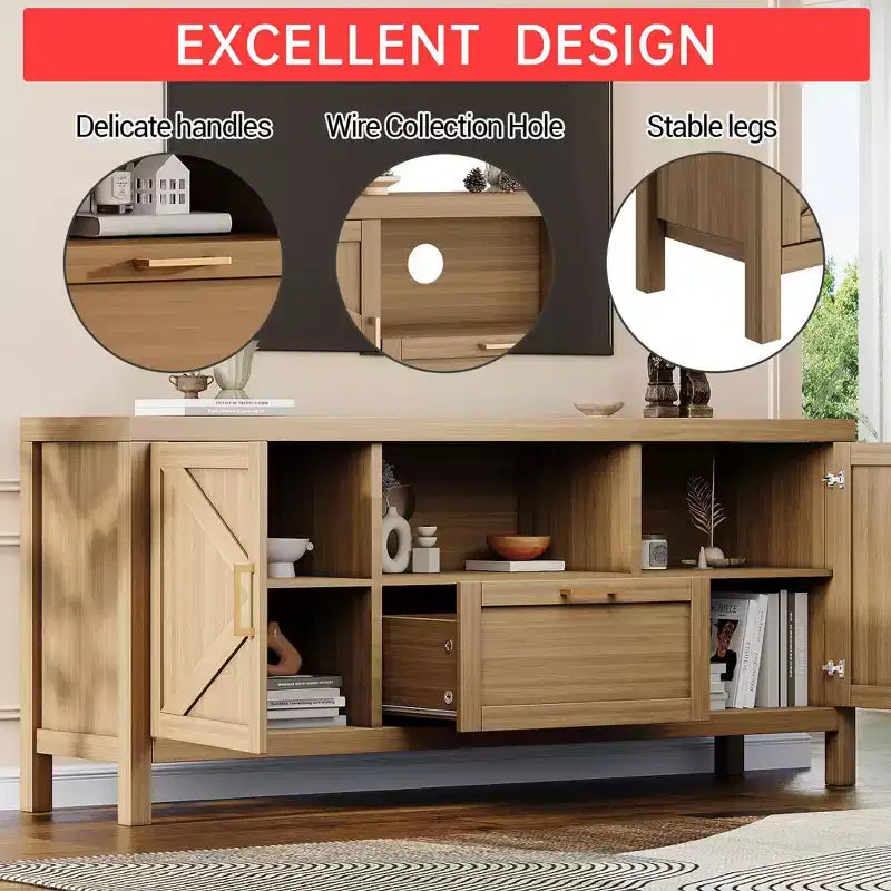 Mobile TV da fattoria per TV da 65'', Centro di intrattenimento da 59 pollici con spazio di archiviazione, Consolle multimediale moderna in legno di grandi dimensioni con 2 armadietti a porte, Ripiani regolabili