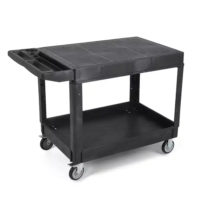 Service Cart - Large Heavy-Duty Plastic Flat Top (45.8 x 25 Inch), 2-Tier with 360 Swivel Wheels (2 with Brakes), 550 lbs Capacity, Black