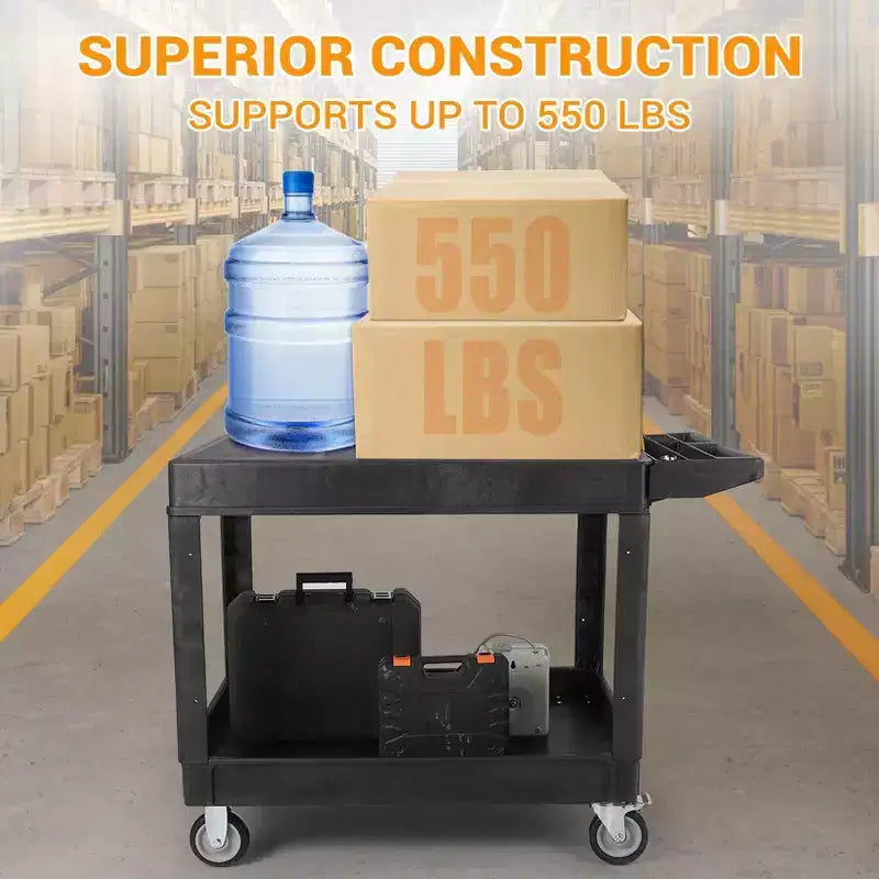 Carrello di servizio - Grande in plastica resistente con piano piatto (45,8 x 25 pollici), a 2 ripiani con ruote girevoli a 360° (2 con freno), capacità 250 kg, nero