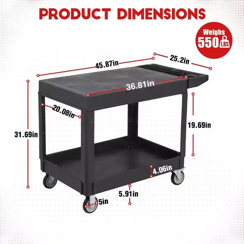 Carrello di servizio - Grande in plastica resistente con piano piatto (45,8 x 25 pollici), a 2 ripiani con ruote girevoli a 360° (2 con freno), capacità 250 kg, nero