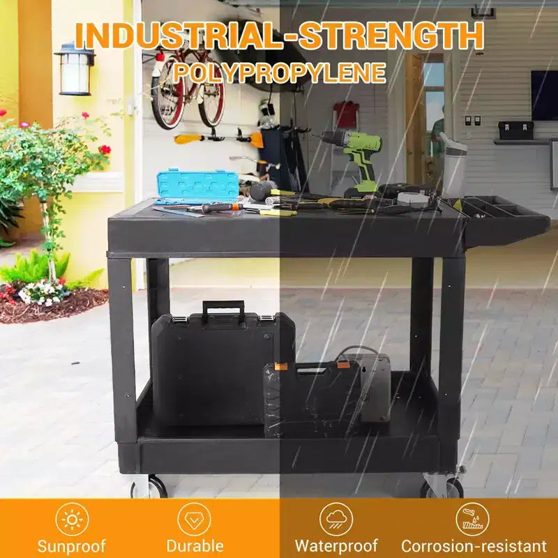 Carrello di servizio - Grande in plastica resistente con piano piatto (45,8 x 25 pollici), a 2 ripiani con ruote girevoli a 360° (2 con freno), capacità 250 kg, nero