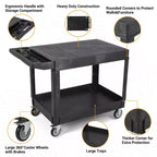 Carrello di servizio - Grande in plastica resistente con piano piatto (45,8 x 25 pollici), a 2 ripiani con ruote girevoli a 360° (2 con freno), capacità 250 kg, nero
