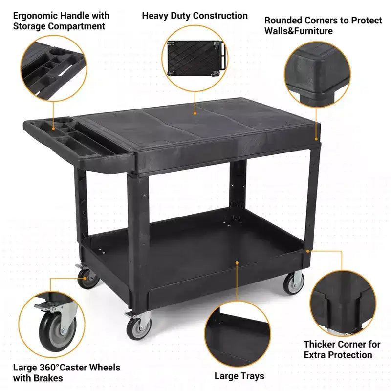 Carrello di servizio - Grande in plastica resistente con piano piatto (45,8 x 25 pollici), a 2 ripiani con ruote girevoli a 360° (2 con freno), capacità 250 kg, nero