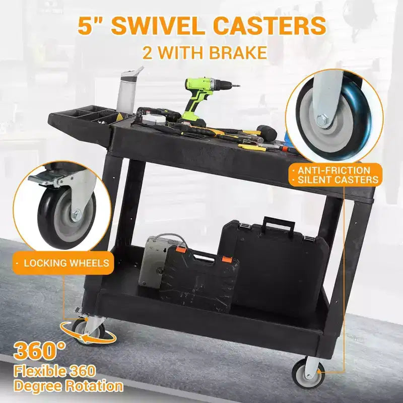 Carrello di servizio - Grande in plastica resistente con piano piatto (45,8 x 25 pollici), a 2 ripiani con ruote girevoli a 360° (2 con freno), capacità 250 kg, nero