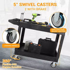 Carrello di servizio - Grande in plastica resistente con piano piatto (45,8 x 25 pollici), a 2 ripiani con ruote girevoli a 360° (2 con freno), capacità 250 kg, nero