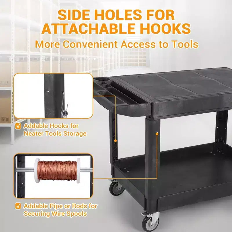 Carrello di servizio - Grande in plastica resistente con piano piatto (45,8 x 25 pollici), a 2 ripiani con ruote girevoli a 360° (2 con freno), capacità 250 kg, nero