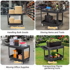 Carrello di servizio - Grande in plastica resistente con piano piatto (45,8 x 25 pollici), a 2 ripiani con ruote girevoli a 360° (2 con freno), capacità 250 kg, nero