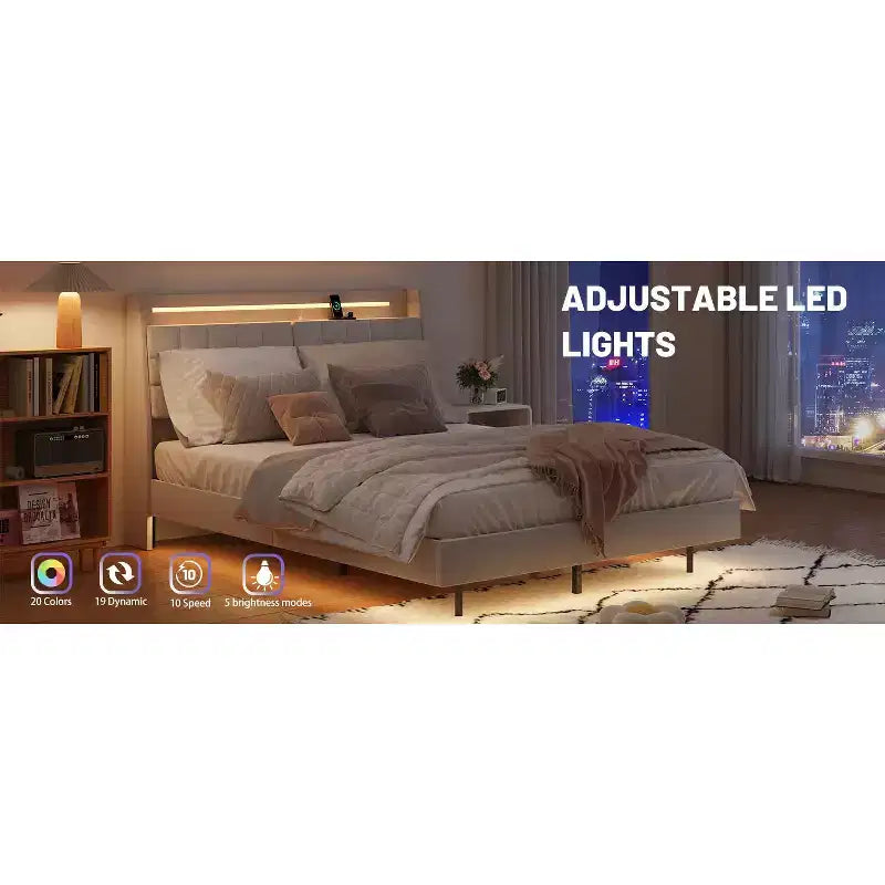 Struttura letto flottante con luce LED e stazione di ricarica, letto a piattaforma imbottito, dimensioni matrimoniale/queen/king con testiera, nessuna rete a molle richiesta, beige