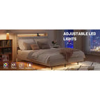 Struttura letto flottante con luce LED e stazione di ricarica, letto a piattaforma imbottito, dimensioni matrimoniale/queen/king con testiera, nessuna rete a molle richiesta, beige