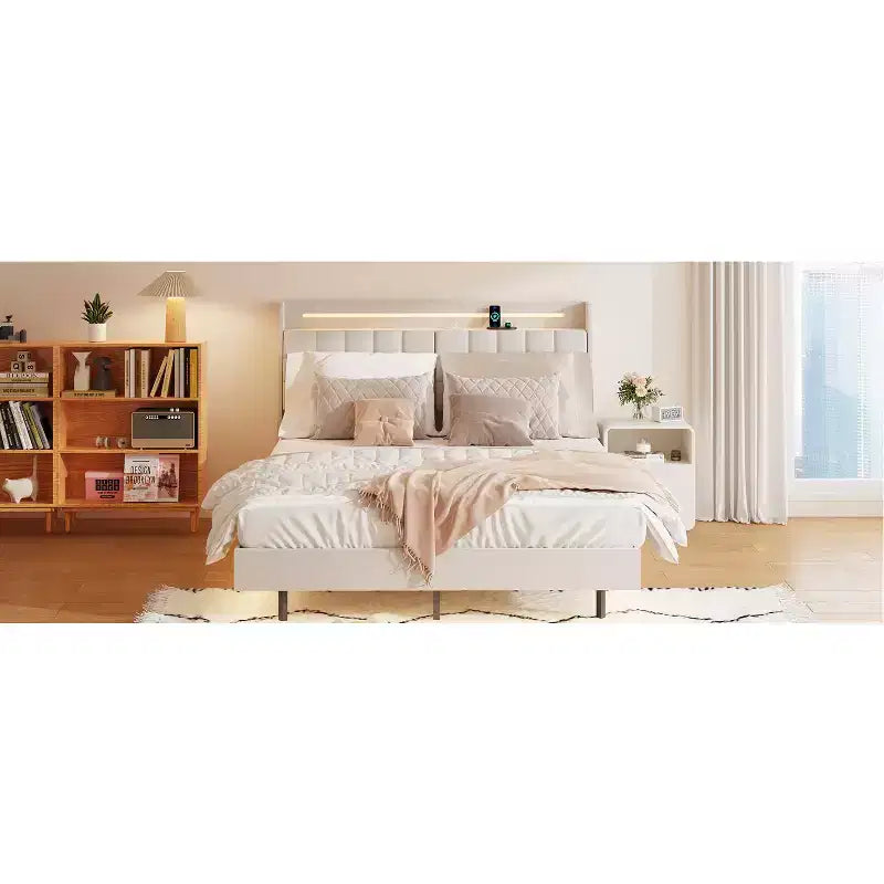 Struttura letto flottante con luce LED e stazione di ricarica, letto a piattaforma imbottito, dimensioni matrimoniale/queen/king con testiera, nessuna rete a molle richiesta, beige