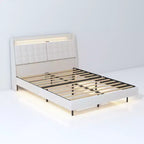 Struttura letto flottante con luce LED e stazione di ricarica, letto a piattaforma imbottito, dimensioni matrimoniale/queen/king con testiera, nessuna rete a molle richiesta, beige