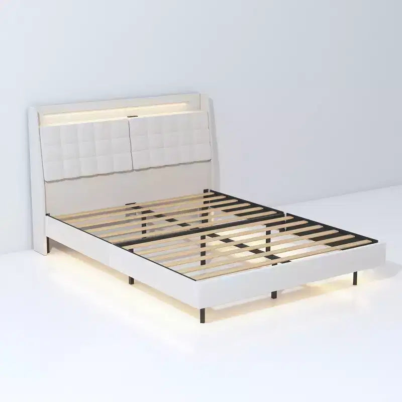 Struttura letto flottante con luce LED e stazione di ricarica, letto a piattaforma imbottito, dimensioni matrimoniale/queen/king con testiera, nessuna rete a molle richiesta, beige