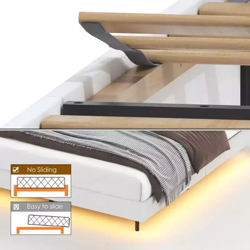 Struttura letto flottante con luce LED e stazione di ricarica, letto a piattaforma imbottito, dimensioni matrimoniale/queen/king con testiera, nessuna rete a molle richiesta, beige