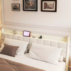 Struttura letto flottante con luce LED e stazione di ricarica, letto a piattaforma imbottito, dimensioni matrimoniale/queen/king con testiera, nessuna rete a molle richiesta, beige