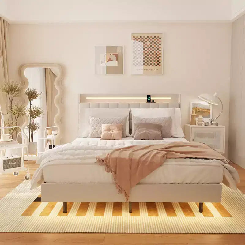 Struttura letto flottante con luce LED e stazione di ricarica, letto a piattaforma imbottito, dimensioni matrimoniale/queen/king con testiera, nessuna rete a molle richiesta, beige