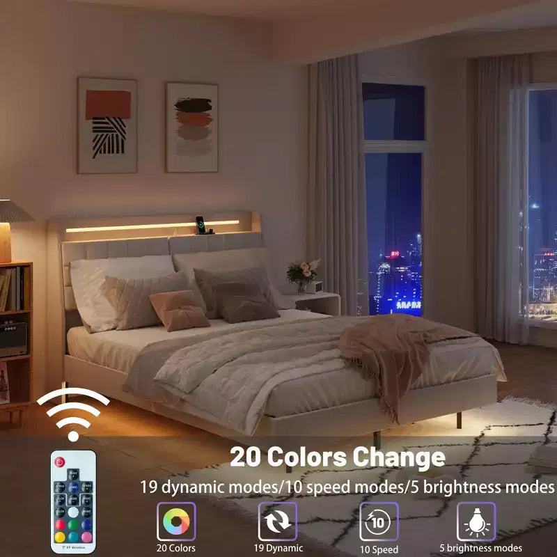Struttura letto flottante con luce LED e stazione di ricarica, letto a piattaforma imbottito, dimensioni matrimoniale/queen/king con testiera, nessuna rete a molle richiesta, beige