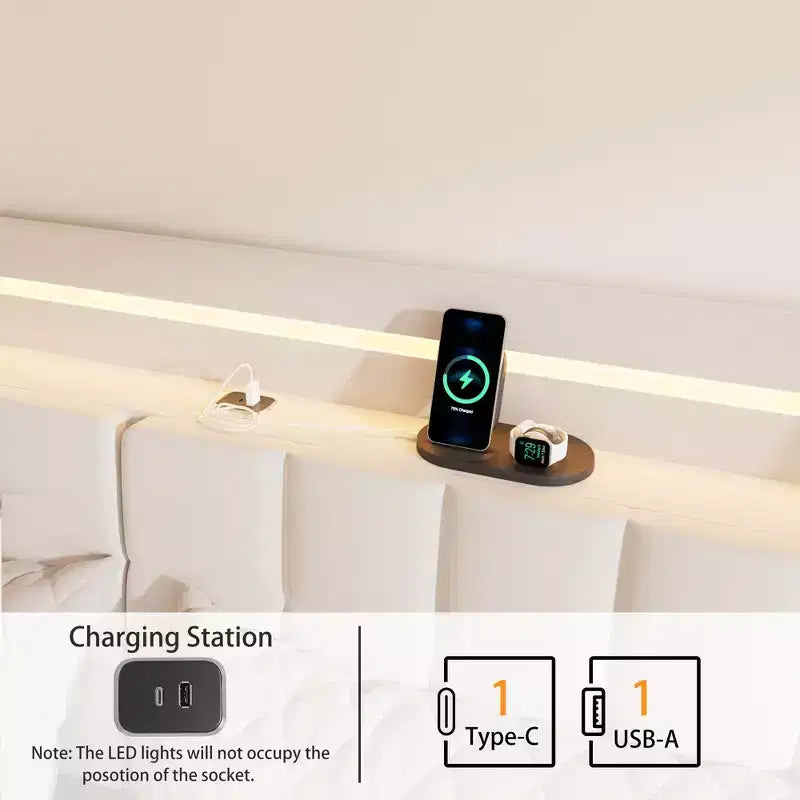 Struttura letto flottante con luce LED e stazione di ricarica, letto a piattaforma imbottito, dimensioni matrimoniale/queen/king con testiera, nessuna rete a molle richiesta, beige