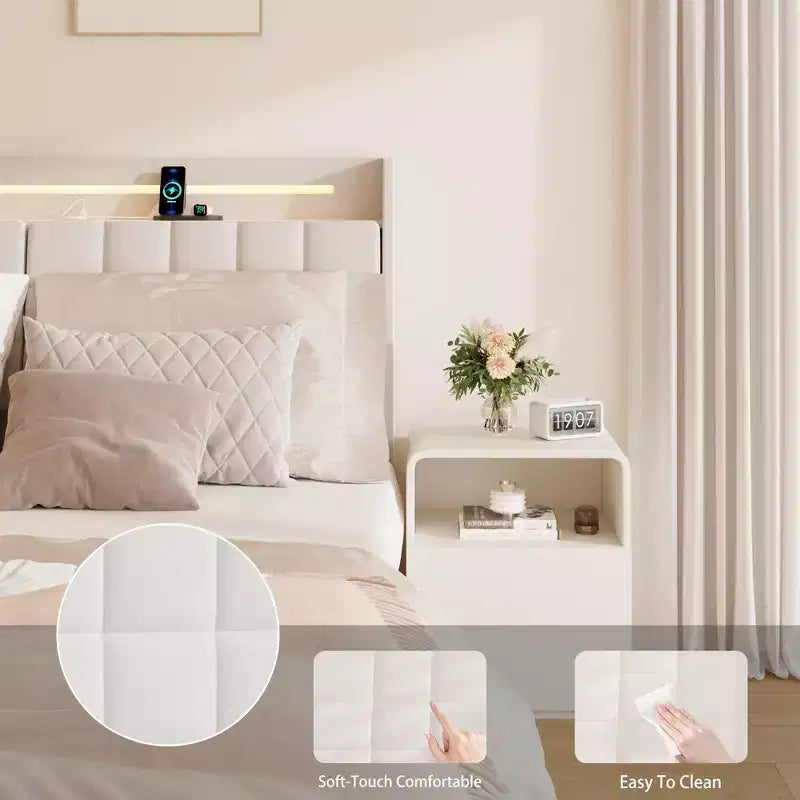 Struttura letto flottante con luce LED e stazione di ricarica, letto a piattaforma imbottito, dimensioni matrimoniale/queen/king con testiera, nessuna rete a molle richiesta, beige