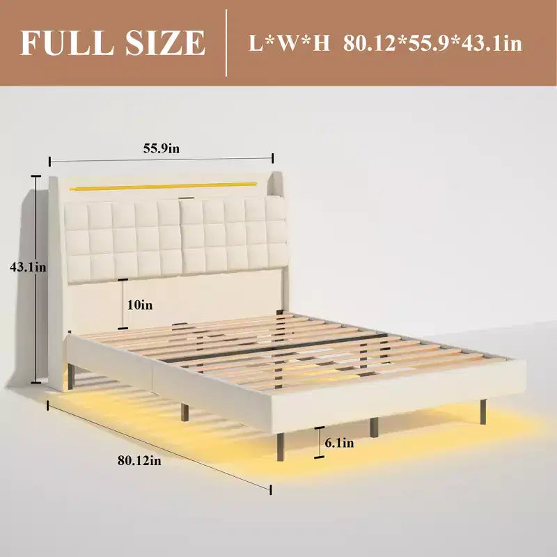 Struttura letto flottante con luce LED e stazione di ricarica, letto a piattaforma imbottito, dimensioni matrimoniale/queen/king con testiera, nessuna rete a molle richiesta, beige