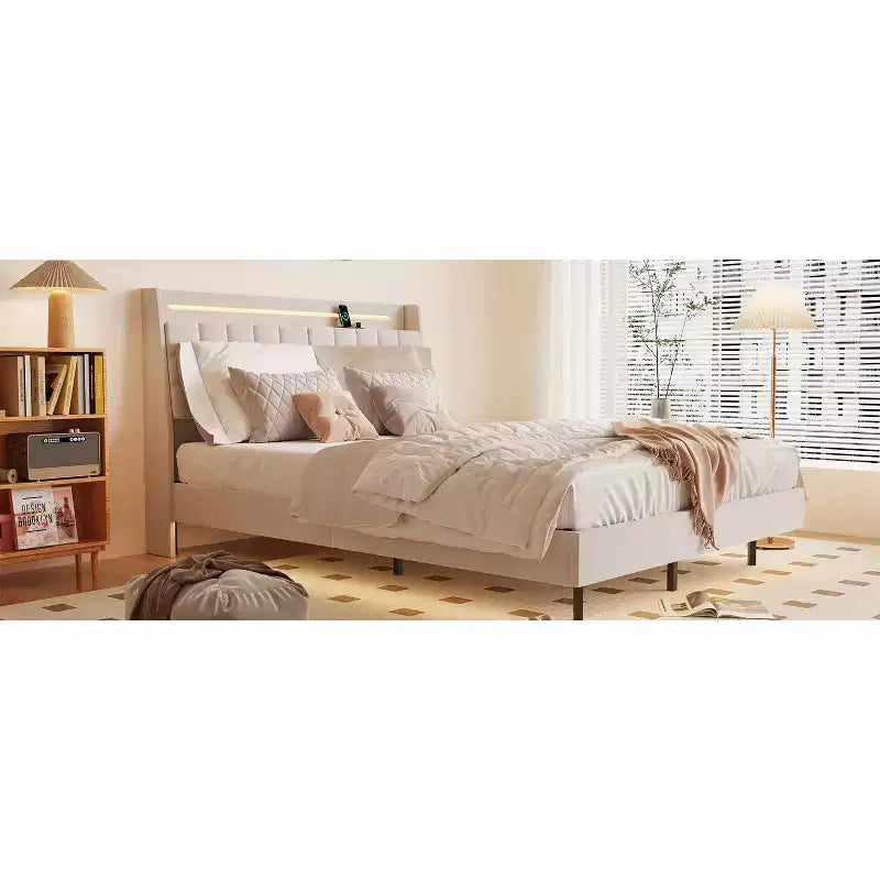 Struttura letto flottante con luce LED e stazione di ricarica, letto a piattaforma imbottito, dimensioni matrimoniale/queen/king con testiera, nessuna rete a molle richiesta, beige