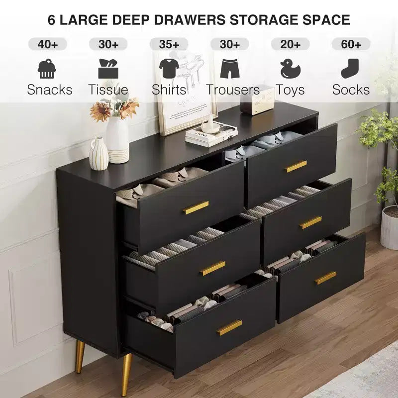 Cassettiera moderna a 6 cassetti con spazio di archiviazione, cassettiera in legno con maniglie dorate, cassettiera a cassetti profondi per camera da letto, soggiorno e ingresso
